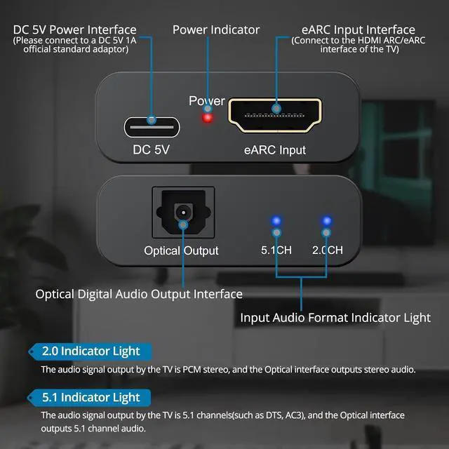 Alt view image 5 of 7 - HDMI eARC to Optical Audio Adapter - eARC/ARC to Optical Converter for TVs, Soundbars, Home Theaters, and Audio Systems, Support 192KHz Sampling Rate, Dolby 5.1 and DTS 5.1(NO CEC)