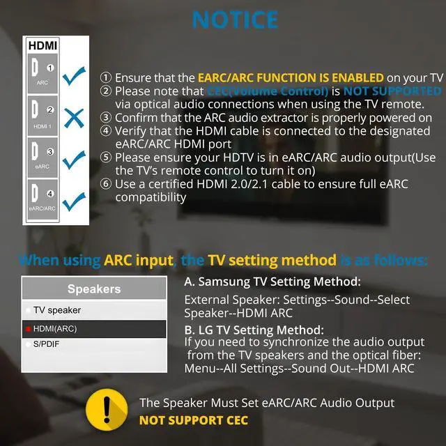 Alt view image 6 of 7 - HDMI eARC to Optical Audio Adapter - eARC/ARC to Optical Converter for TVs, Soundbars, Home Theaters, and Audio Systems, Support 192KHz Sampling Rate, Dolby 5.1 and DTS 5.1(NO CEC)