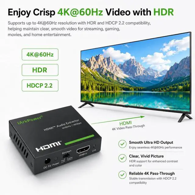 Alt view image 3 of 7 - HDMI 2.0 Audio Extractor 4K60Hz HDMI to Optical + 3.5mm Analog Audio Splitter Support Dolby Vision, Dolby Atmos, HDR10, HDCP 2.2