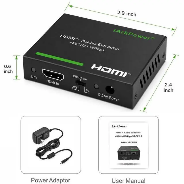Alt view image 7 of 7 - HDMI 2.0 Audio Extractor 4K60Hz HDMI to Optical + 3.5mm Analog Audio Splitter Support Dolby Vision, Dolby Atmos, HDR10, HDCP 2.2