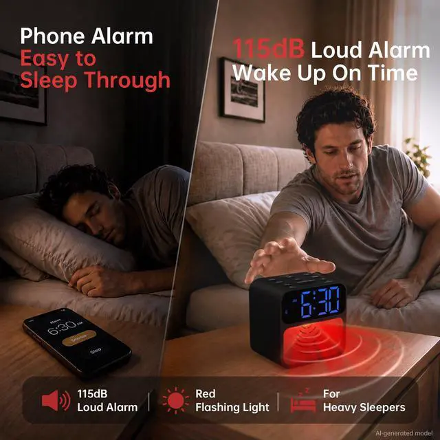 Alt view image 2 of 7 - Extra Loud Alarm Clock for Heavy Sleepers with 115dB Alarm