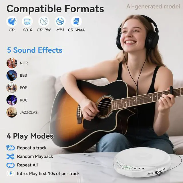 Alt view image 2 of 7 - Portable CD Player with Earphones,CD Discman for Car Home with Anti-Skip Shockproof Protection,Personal CD Music Player with LCD Display Support PROG Memory Function
