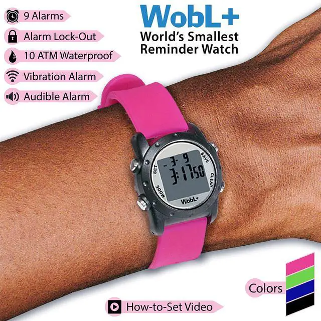 Alt view image 3 of 7 - World's Smallest & Best Waterproof Vibrating 9 Alarms + Countdown Timer Wristwatch (Pink) Sports/Medicine/Meeting/Potty Reminders