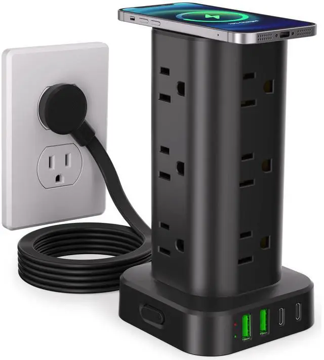 Main image of Power Strip with Wireless Charger, Flat Plug Surge Protector with 6FT Extension Cord, 12 AC Multiple Outlets, 4 USB (2 USB C), 15W Wireless Charging Power Tower for Home Office Dorm, Black