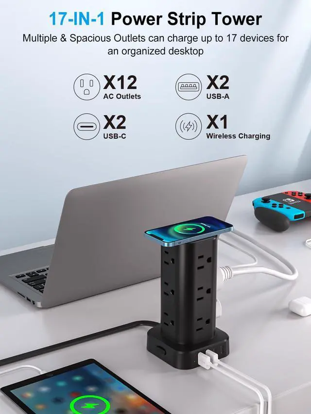 Alt view image 2 of 7 - Power Strip with Wireless Charger, Flat Plug Surge Protector with 6FT Extension Cord, 12 AC Multiple Outlets, 4 USB (2 USB C), 15W Wireless Charging Power Tower for Home Office Dorm, Black