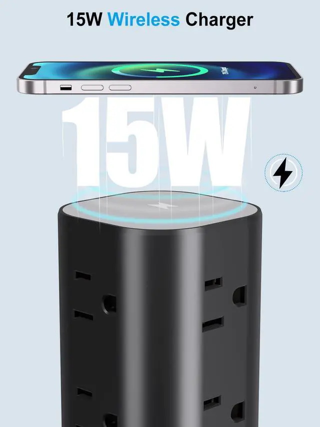 Alt view image 4 of 7 - Power Strip with Wireless Charger, Flat Plug Surge Protector with 6FT Extension Cord, 12 AC Multiple Outlets, 4 USB (2 USB C), 15W Wireless Charging Power Tower for Home Office Dorm, Black