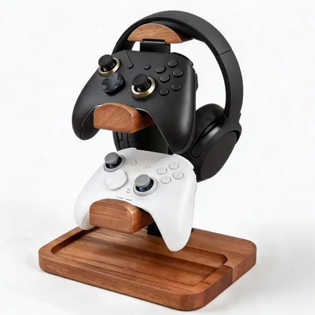 Main image of Solid Wood Headphone Stand with Controller Holder, Space-Saving Dual Hanger & Gamepad Organizer for Desktop, Gaming Desk Accessories with Stable Base Storage