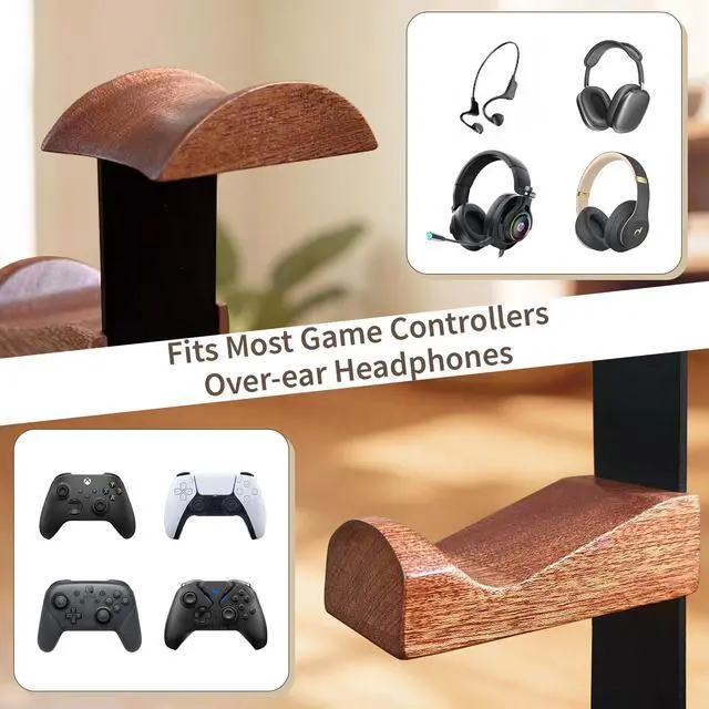 Alt view image 2 of 7 - Solid Wood Headphone Stand with Controller Holder, Space-Saving Dual Hanger & Gamepad Organizer for Desktop, Gaming Desk Accessories with Stable Base Storage