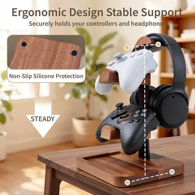 Alt view image 3 of 7 - Solid Wood Headphone Stand with Controller Holder, Space-Saving Dual Hanger & Gamepad Organizer for Desktop, Gaming Desk Accessories with Stable Base Storage