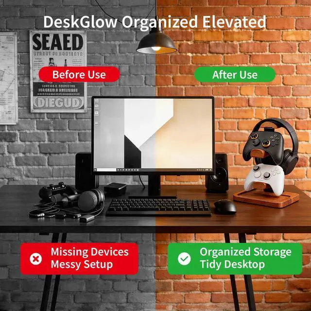 Alt view image 5 of 7 - Solid Wood Headphone Stand with Controller Holder, Space-Saving Dual Hanger & Gamepad Organizer for Desktop, Gaming Desk Accessories with Stable Base Storage