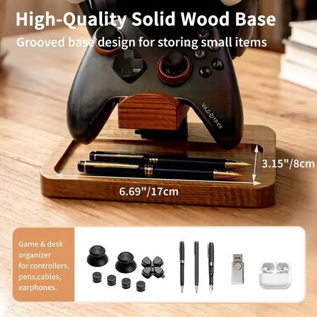 Alt view image 6 of 7 - Solid Wood Headphone Stand with Controller Holder, Space-Saving Dual Hanger & Gamepad Organizer for Desktop, Gaming Desk Accessories with Stable Base Storage