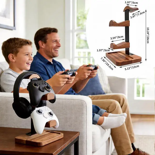 Alt view image 7 of 7 - Solid Wood Headphone Stand with Controller Holder, Space-Saving Dual Hanger & Gamepad Organizer for Desktop, Gaming Desk Accessories with Stable Base Storage