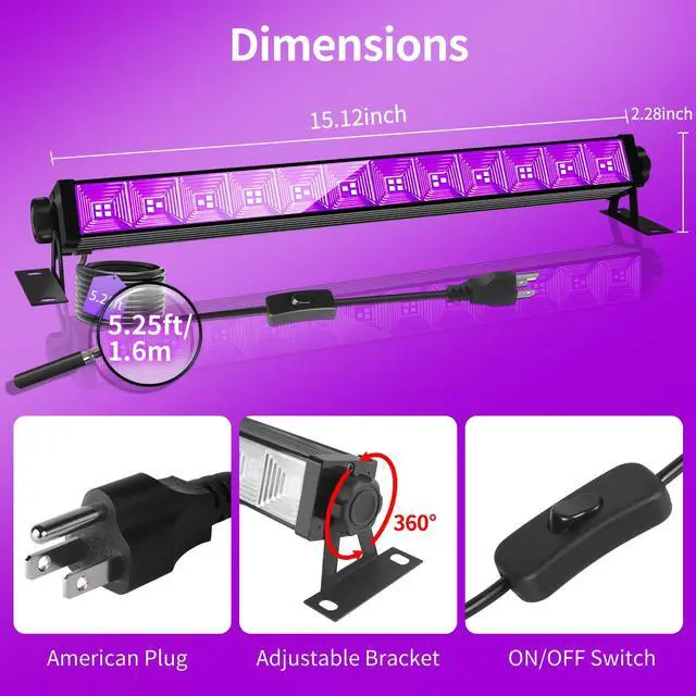 Alt view image 6 of 6 - 42W Black Light Bar with 6ft Cord+Switch, 40 LEDs, 1 Pack