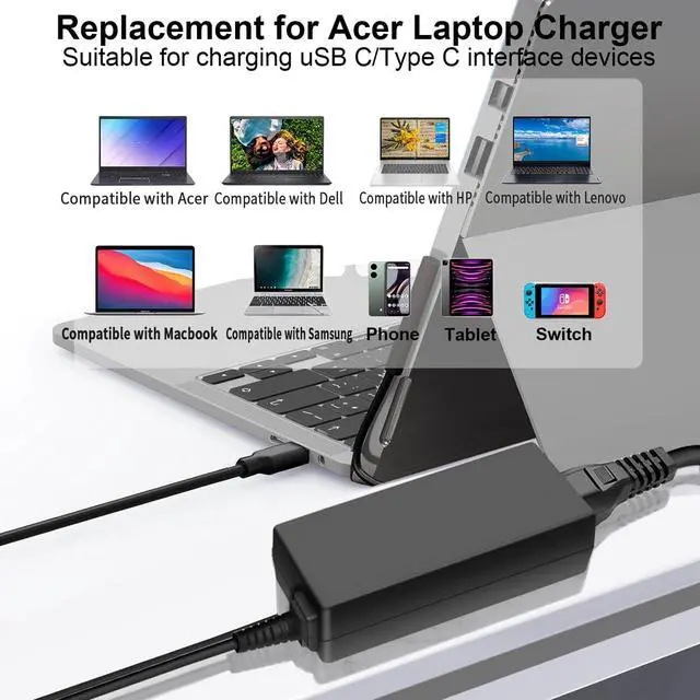 Alt view image 3 of 7 - 45W USB C Laptop Charger for Acer Chromebook Charger Type C 311 315 15