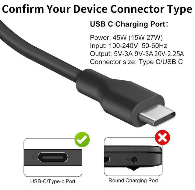 Alt view image 2 of 7 - 45W USB C Laptop Charger for Acer Chromebook Charger Type C 311 315 15