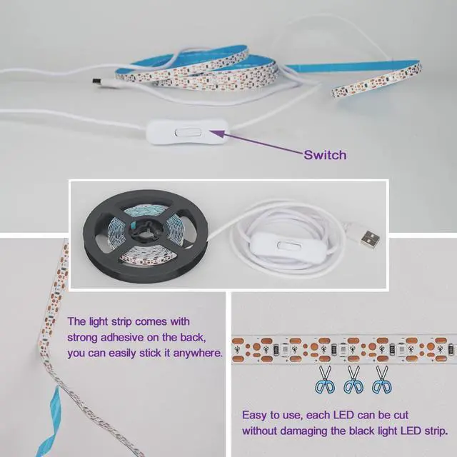 Alt view image 3 of 7 - 6.6FT/2M LED Black Light Strip - 120 Units LED UV Wick 395-400nm, USB DC 5V Flexible Blacklight Fixtures, 10W Blacklight Strip for Indoor Decor, Glow Poster, Bedroom, Playroom, Halloween, Dark Party