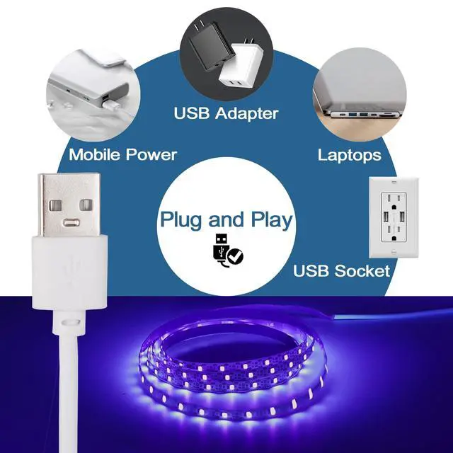 Alt view image 4 of 7 - 6.6FT/2M LED Black Light Strip - 120 Units LED UV Wick 395-400nm, USB DC 5V Flexible Blacklight Fixtures, 10W Blacklight Strip for Indoor Decor, Glow Poster, Bedroom, Playroom, Halloween, Dark Party