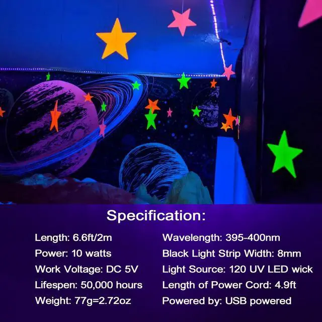 Alt view image 7 of 7 - 6.6FT/2M LED Black Light Strip - 120 Units LED UV Wick 395-400nm, USB DC 5V Flexible Blacklight Fixtures, 10W Blacklight Strip for Indoor Decor, Glow Poster, Bedroom, Playroom, Halloween, Dark Party