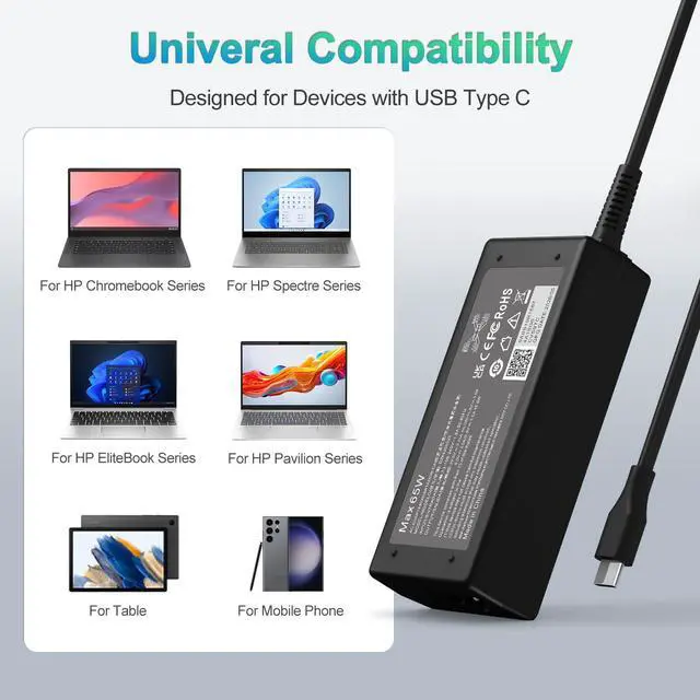 Alt view image 4 of 7 - 65W USB C Laptop Charger Compatible with HP Chromebook/Lenovo/Dell/Acer and More Chromebook Type C Power Cord