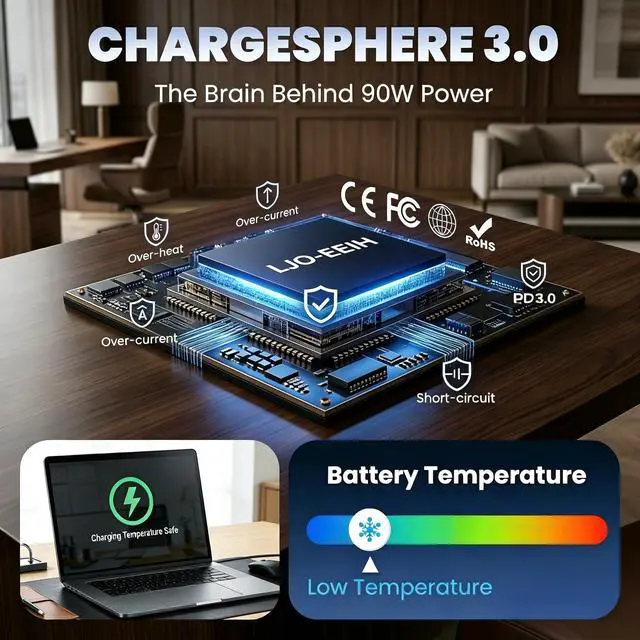 Alt view image 2 of 7 - 90W USB C Laptop Charger Compatible with Lenovo Thinkpad/Yoga, Dell Chromebook/Latitude/XPS, HP, Asus, Samsung, Acer, Google Type C Laptop Power Supply Cord