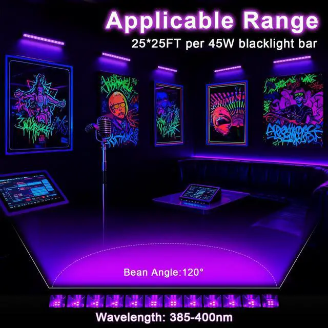 Alt view image 2 of 7 - 2 Pack LED Black Light Bar 45W, IP66 Waterproof Blacklight with Plug & Switch, Black Light for Glow Party, Halloween Decorations, Fluorescent Poster, Body Paint, Bedroom, Classroom