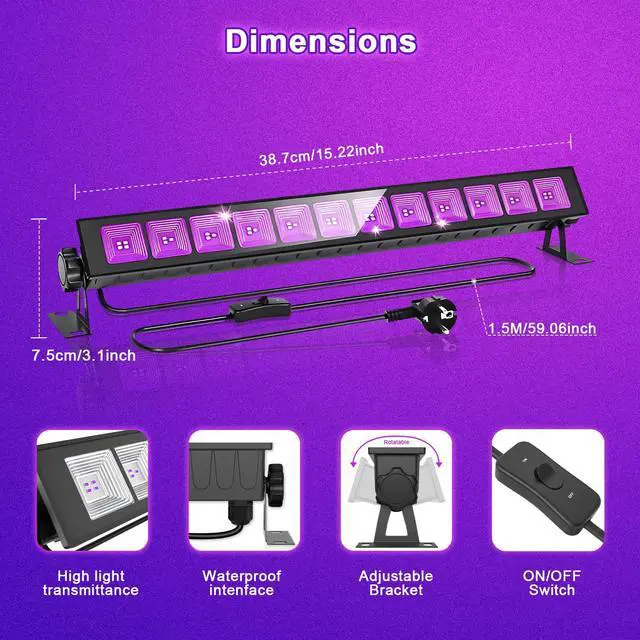 Alt view image 6 of 7 - 2 Pack LED Black Light Bar 45W, IP66 Waterproof Blacklight with Plug & Switch, Black Light for Glow Party, Halloween Decorations, Fluorescent Poster, Body Paint, Bedroom, Classroom