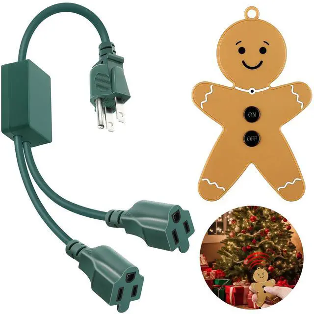 Main image of Christmas Tree Lights Controlled Outlet, Plug in Control Outlet Extension Cord with 2 Sockets and Gingerbread Man Remote Switch for Christmas Tree and Long Range Lighting Control, Green (1 Pack)
