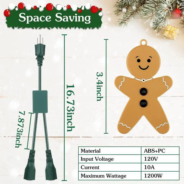 Alt view image 3 of 7 - Christmas Tree Lights Controlled Outlet, Plug in Control Outlet Extension Cord with 2 Sockets and Gingerbread Man Remote Switch for Christmas Tree and Long Range Lighting Control, Green (1 Pack)