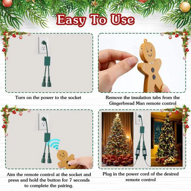Alt view image 6 of 7 - Christmas Tree Lights Controlled Outlet, Plug in Control Outlet Extension Cord with 2 Sockets and Gingerbread Man Remote Switch for Christmas Tree and Long Range Lighting Control, Green (1 Pack)
