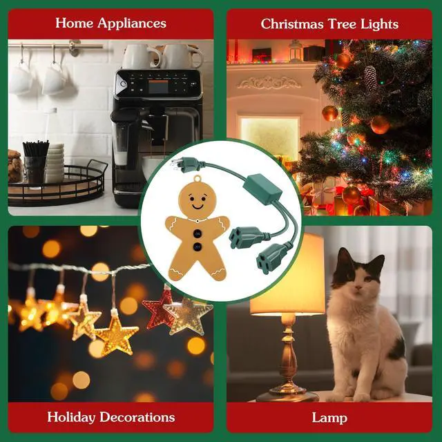 Alt view image 7 of 7 - Christmas Tree Lights Controlled Outlet, Plug in Control Outlet Extension Cord with 2 Sockets and Gingerbread Man Remote Switch for Christmas Tree and Long Range Lighting Control, Green (1 Pack)