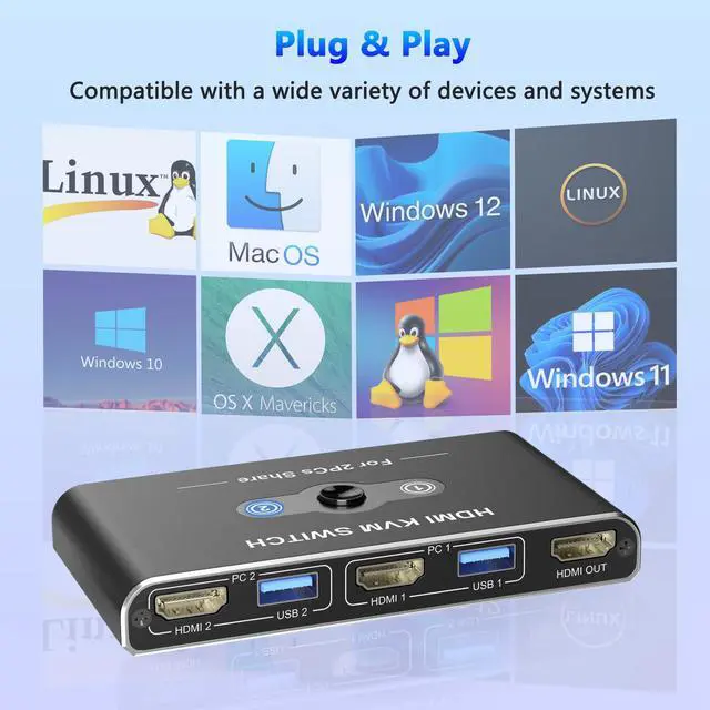Alt view image 4 of 7 - KVM Switch, KVM Switch 1 Monitors 2 Computers, HDMI Switch, 4K@60Hz KVM Switches for 2 Computers Sharing 1 Monitor, 4 USB 3.0 Devices Such as Keyboard, Mouse, Printer, Scanner