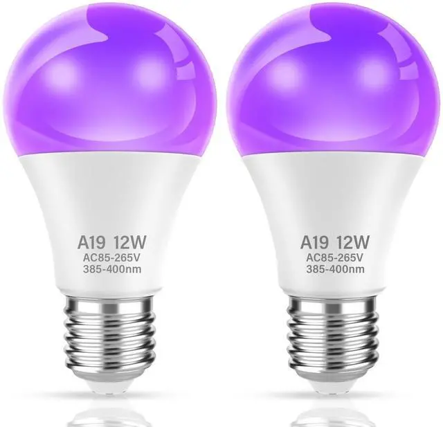 Main image of LED UV Black Light Bulb for Halloween Decoration,12W A19 UV Blacklight,100W Equivalent,UVA Level 385-400nm Wavelength,Glow in the Dark for Body Art Paint,Fluorescent Poster,Neon Glow Party,2 Pack