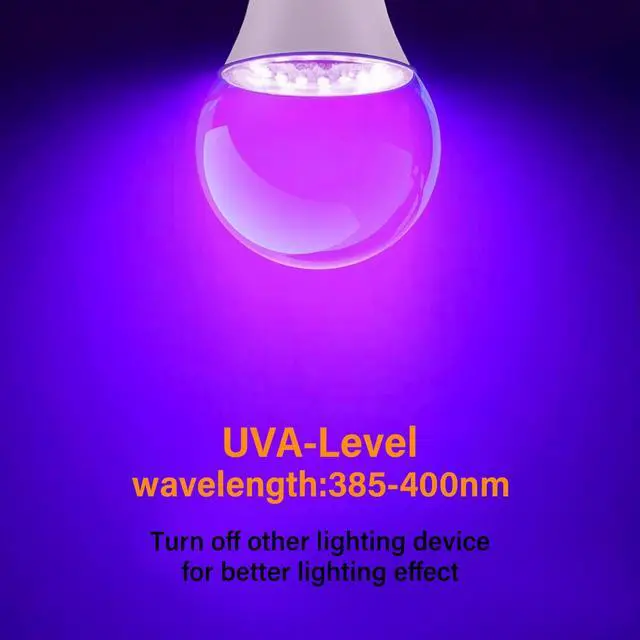 Alt view image 3 of 7 - LED UV Black Light Bulb for Halloween Decoration,12W A19 UV Blacklight,100W Equivalent,UVA Level 385-400nm Wavelength,Glow in the Dark for Body Art Paint,Fluorescent Poster,Neon Glow Party,2 Pack