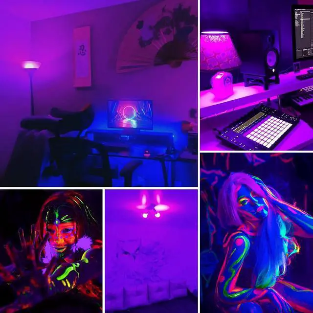 Alt view image 5 of 7 - LED UV Black Light Bulb for Halloween Decoration,12W A19 UV Blacklight,100W Equivalent,UVA Level 385-400nm Wavelength,Glow in the Dark for Body Art Paint,Fluorescent Poster,Neon Glow Party,2 Pack