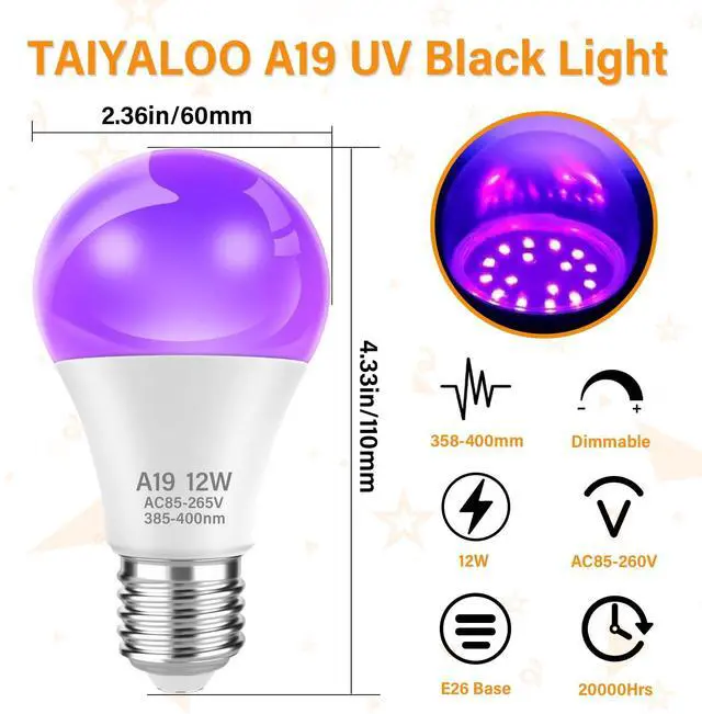 Alt view image 6 of 7 - LED UV Black Light Bulb for Halloween Decoration,12W A19 UV Blacklight,100W Equivalent,UVA Level 385-400nm Wavelength,Glow in the Dark for Body Art Paint,Fluorescent Poster,Neon Glow Party,2 Pack