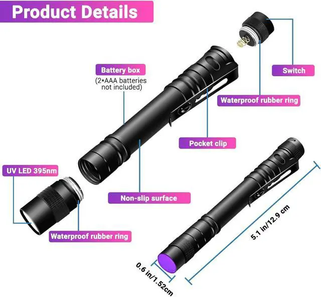 Alt view image 2 of 7 - UV Black Light Flashlight Mini, 395nm Pen Light with Clip, Ultraviolet Blacklight for Pet Urine Detection, Waterproof Detector Light for Dry Stains, Bed Bug, Scorpion, Hotel Inspection