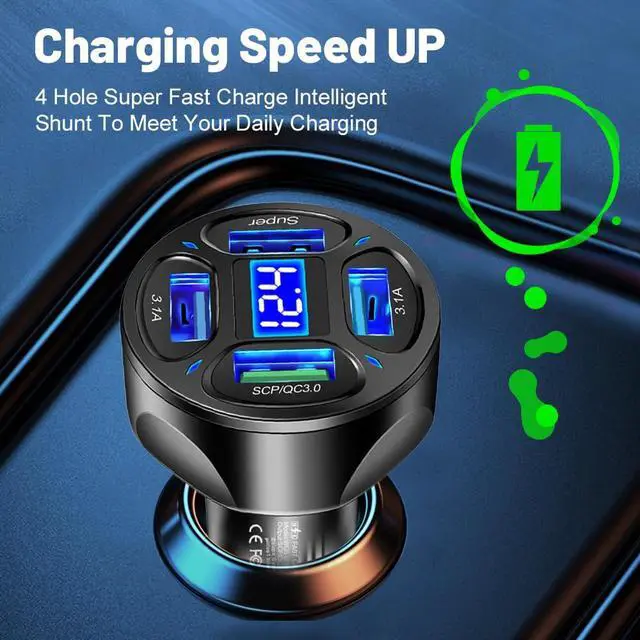Alt view image 4 of 7 - 4-Port Fast Car Charger with Plug Outlet (QC3.0/Super)