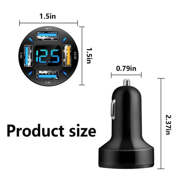 Alt view image 2 of 7 - 4-in-1 Car Charger 66W Super Fast Charging with USB 2.4A&QC 3.0(Voltmeter&LED Lights) Universal Quick Charge for 12-24V Car Cigarette Lighter Plug(Black-QC/2.4A)