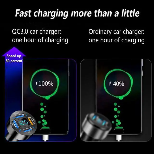 Alt view image 3 of 7 - 4-in-1 Car Charger 66W Super Fast Charging with USB 2.4A&QC 3.0(Voltmeter&LED Lights) Universal Quick Charge for 12-24V Car Cigarette Lighter Plug(Black-QC/2.4A)
