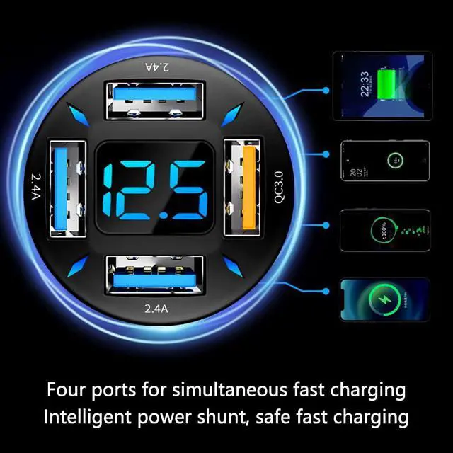 Alt view image 4 of 7 - 4-in-1 Car Charger 66W Super Fast Charging with USB 2.4A&QC 3.0(Voltmeter&LED Lights) Universal Quick Charge for 12-24V Car Cigarette Lighter Plug(Black-QC/2.4A)