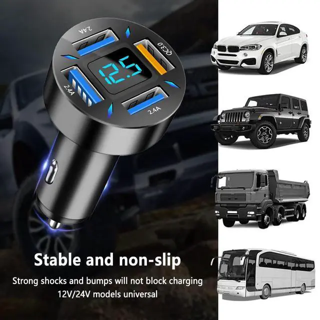 Alt view image 6 of 7 - 4-in-1 Car Charger 66W Super Fast Charging with USB 2.4A&QC 3.0(Voltmeter&LED Lights) Universal Quick Charge for 12-24V Car Cigarette Lighter Plug(Black-QC/2.4A)