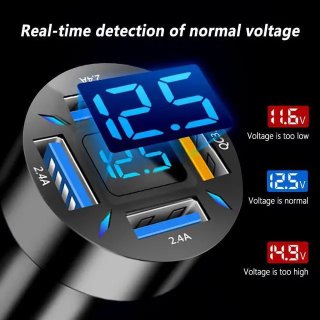 Alt view image 7 of 7 - 4-in-1 Car Charger 66W Super Fast Charging with USB 2.4A&QC 3.0(Voltmeter&LED Lights) Universal Quick Charge for 12-24V Car Cigarette Lighter Plug(Black-QC/2.4A)