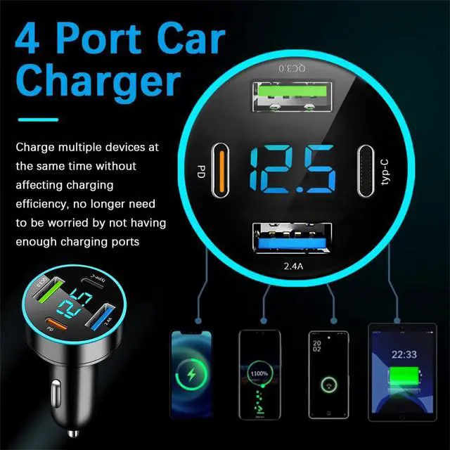 Alt view image 4 of 7 - 4 Port Fast Charging Cigarette Lighter USB Charger with Voltmeter,12-24V Fast Car Charger Port QC3.0/Type-C/PD/2.4A,12V USB Chargers Car Lighter USBs Adapter Compatible with iPhone