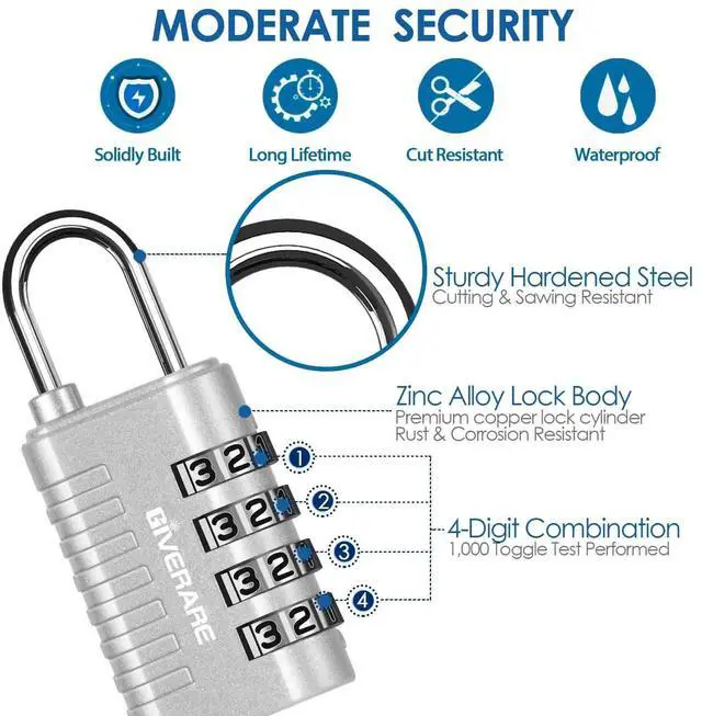 Alt view image 3 of 7 - 4 Pack Combination Lock, 4-Digit Padlock Keyless, Resettable Metal Luggage Locks, Weatherproof Alloy Travel Lock for Backpack, Gym, School, Locker, Fence, Gate, Hasp, Case, Black Silver-by GIVERARE
