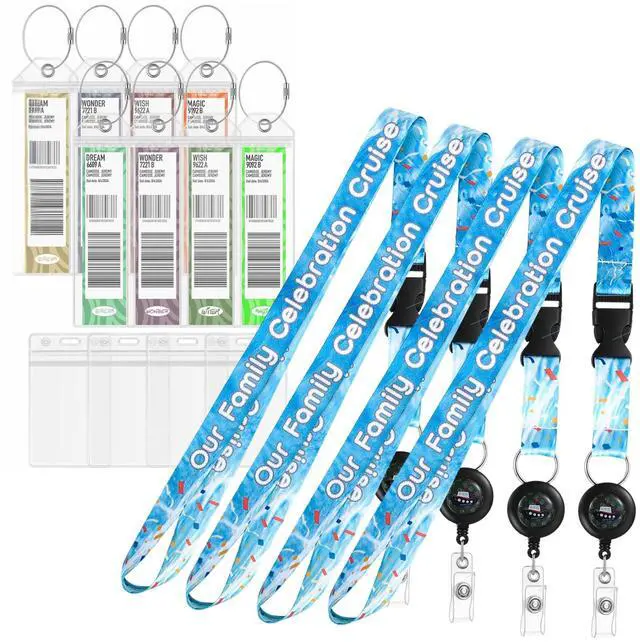 Main image of 4 Family Celebration Cruise Lanyards + 8 Luggage Tag Holders for Disney Cruise Sea Pass Card ID Cover