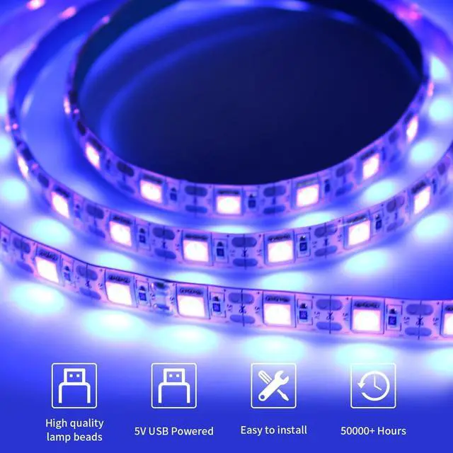 Alt view image 2 of 7 - UV Black Led Strip Lights 6.56FT 395nm-405nm 5V USB Waterproof