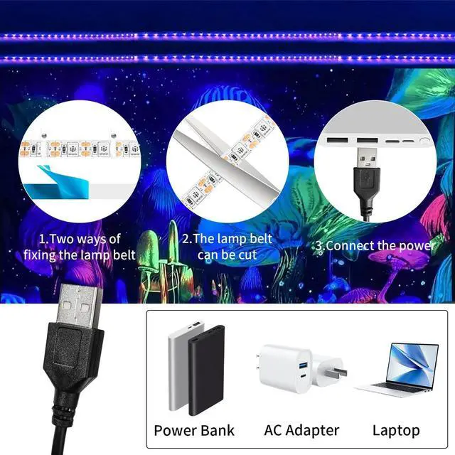 Alt view image 6 of 7 - UV Black Led Strip Lights 6.56FT 395nm-405nm 5V USB Waterproof