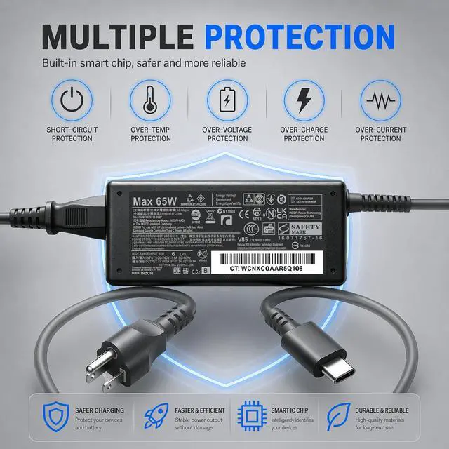 Alt view image 3 of 7 - Universal PD 65W USB C Laptop Charger for HP - Pavilion Envy Spectre, Type C Power Adapter for Dell Lenovo Acer ASUS Suited to I nspiron ThinkPad VivoBook Aspire Latitude IdeaPad Chromebook Phone