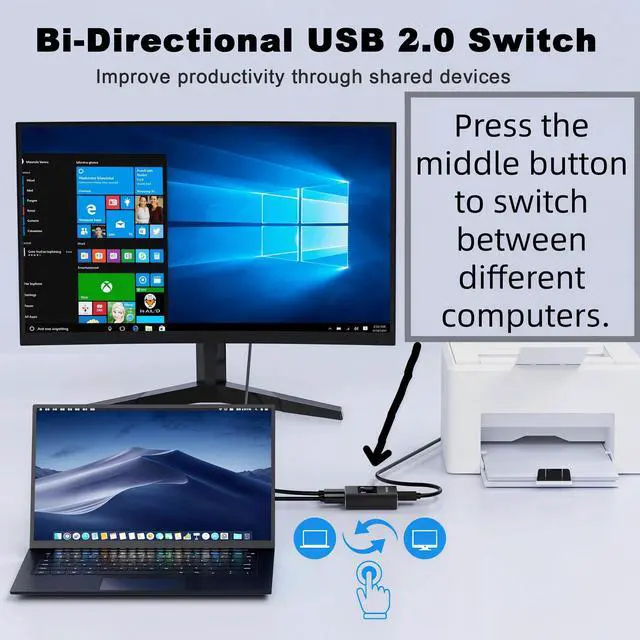 Alt view image 2 of 6 - USB2.0 Switch with 2Pack Usb2.0 Cable(1M), Bi-Directional 1 in 2 Out/2 in 1 Out,Aluminum USB Switcher kit for 2Computers Share Devices(Printer, Keyboard, Scanner, Mouse),Compatible with Mac/Win/Linux
