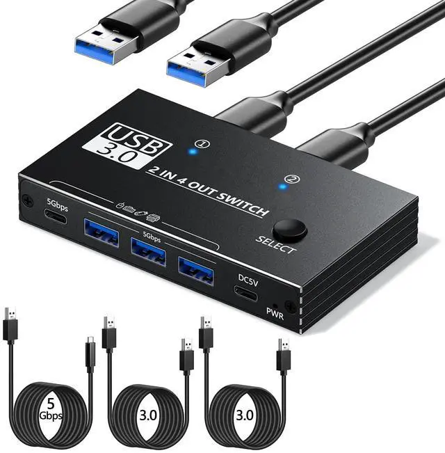 Main image of USB Switcher 2 Computers Sharing - 5Gbps USB 3.0 Switch Share 4 Port Devices, Plug and Play, Aluminum USB3.0 Switch Selector 2 PCs Share Keyboard Mouse Printer Scanner with One Button
